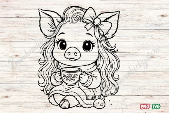 Pig with Flower Cup Svg